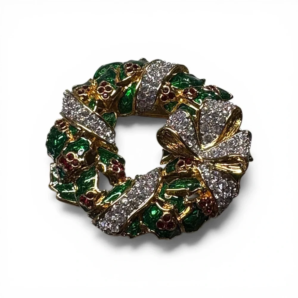 Swarovski Christmas Wreath Brooch Crystal Enamel Holly Bow Gold Tone Pin 2